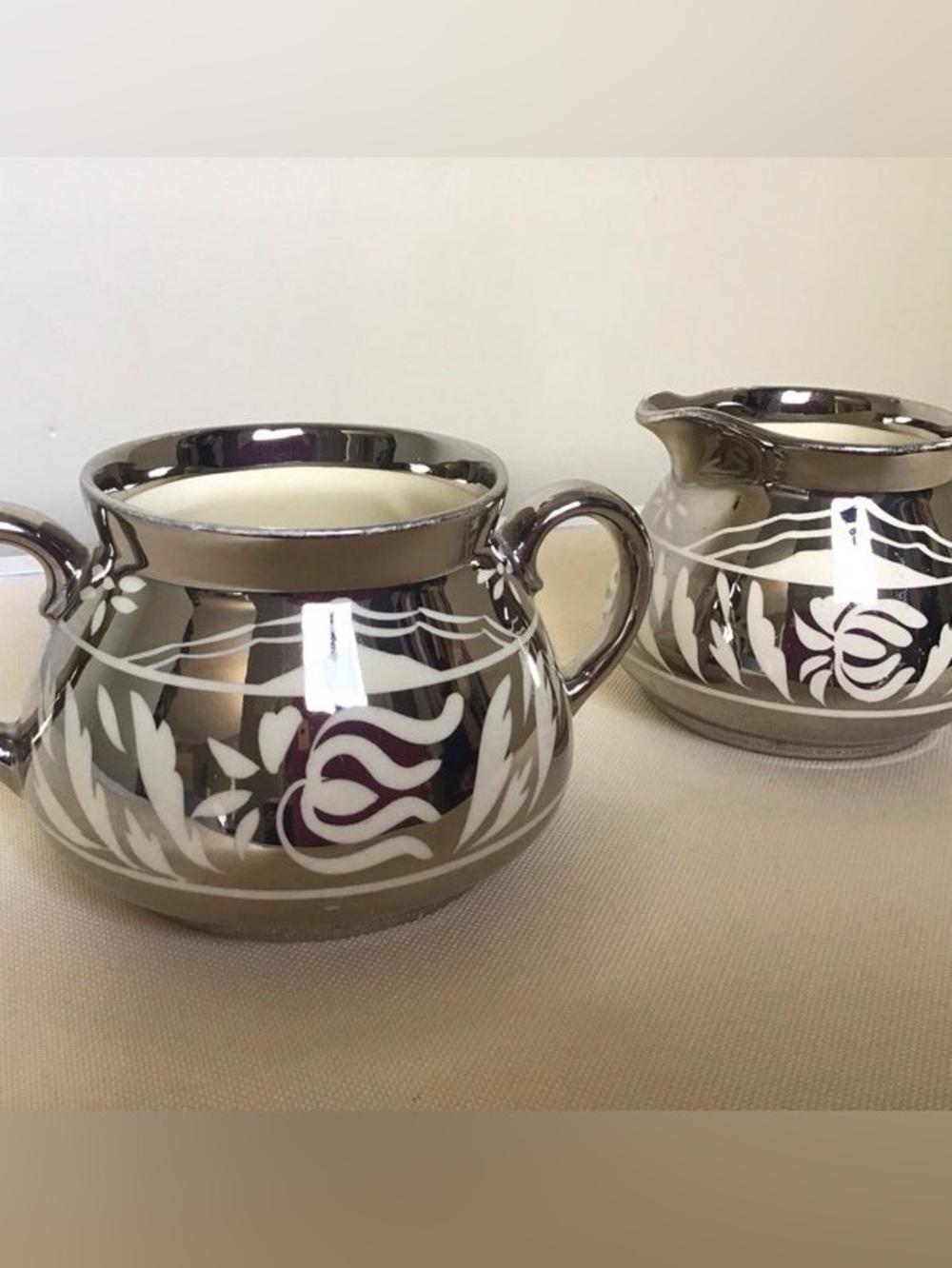 Gibsons antique english Silver-Tone Ceramic Creamer and Sugar set Floral Motif